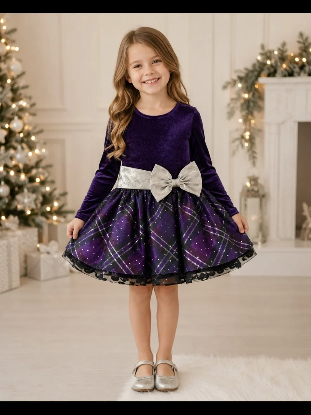 Bonnie Jean Girls Size 5 Purple Velvet Holiday Dress Silver Bow Sparkle EUC